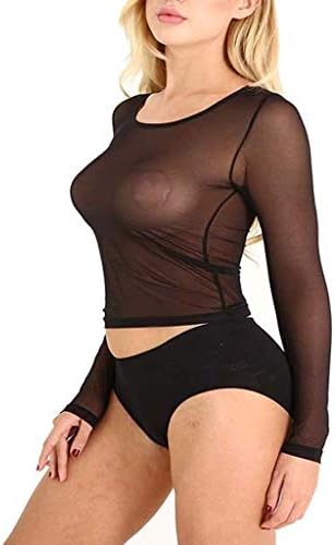 SUJING Women See-Through Long Sleeve Seamless Arm Shaper Short Top Mesh Shirt Blouse S-2XL