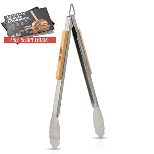 GRILLHOGS Barbecue Grill Tongs, 16 Inch, Best Metal Kitchen Tongs for Cooking and Grill Accessories, Stainless Steel + Oak Wood BBQ Tongs