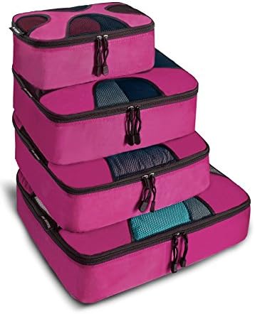 Yanuoki Packing Cubes for Travel Bag System-4 Piece Luggage Accessories Organizers+ Free Black Bag for Shoes Fashion Fuchsia Color