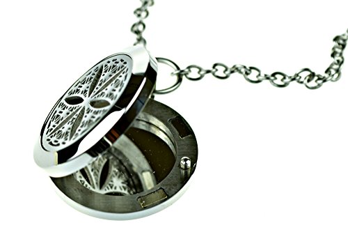 Flower of Life Essential Oil Diffuser Necklace Stainless Steel Locket Pendant with 24" Chain, oil, and pads in Gift Box