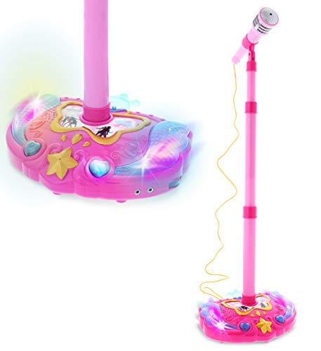Mozlly Super Star Kids Karaoke Machine with Microphone Stand Playset - Pink Microphone with Stand with Built-in Jack and Speaker for MP3 Player, Singing Toys for Girls and Boys with Music and Light