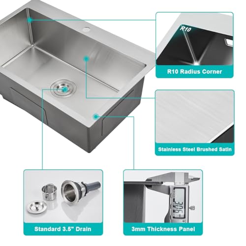 TSIBOMU 28 Inch Drop in Kitchen Sink, 18 Gauge 304 Stainless Steel Topmount Single Bowl Single Faucet Hole Handmade Kitchen Sink, 28" x 18" x 9"