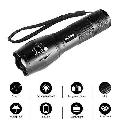 BINWO LED Flashlight Super Bright 2000 Lumen Rechargeable Flashlight, CREE T6 Flashlight with 5 Modes, Zoomable Waterproof Flashlight Torch Light for Hiking, Camping and Outdoor Activities