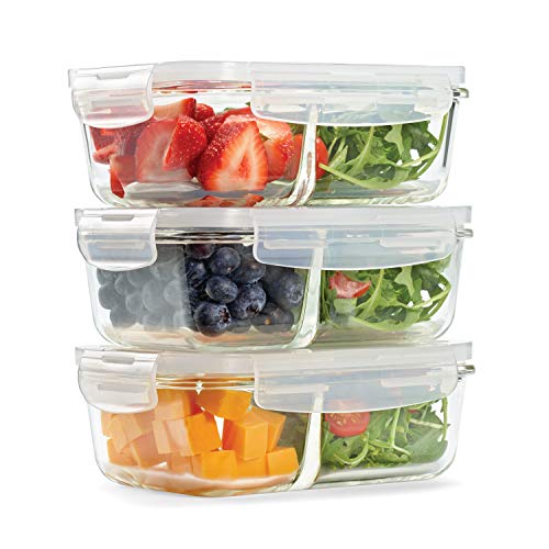 Fit & Fresh Divided Glass Containers, Two Compartments, Containers with Locking Lids, Glass
