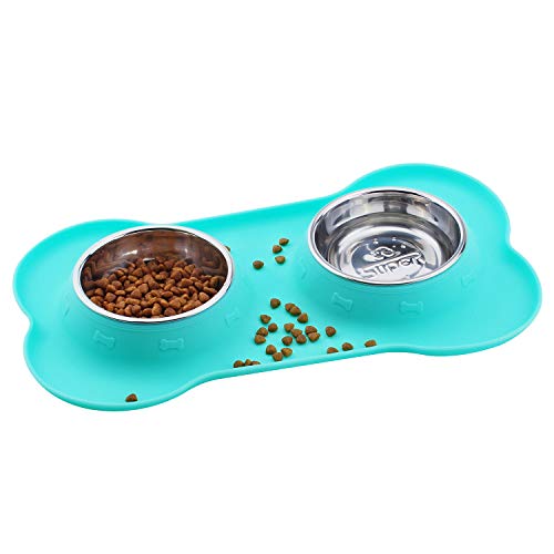 Super Design Double Bowl Pet Feeder Stainless Steel Food Water Bowls with No Spill Silicone Mat for Dogs Cats, Medium, Light Green