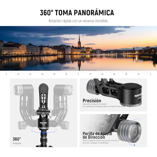 NEEWER GM102 Cabezal Gimbal para Trípode Monópode Teleobjetivos, 360° Cabezal Trípode Cámara Panorámica, Ajuste 3 Ejes, Aleación Aluminio CNC Resistente, Liberación Rápida Tipo Arca, Carga Máx 15 kg