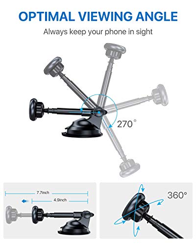 SALEX Magnetic Phone Holder. Universal Car Mount for Dashboard and Windshield. 360° Rotation with 6 Strong Magnets, Suction Cup, Dash Pad, Metal Telescopic Arm for Phones, GPS up to 7 Inches [Silver] - Thumbnail 6