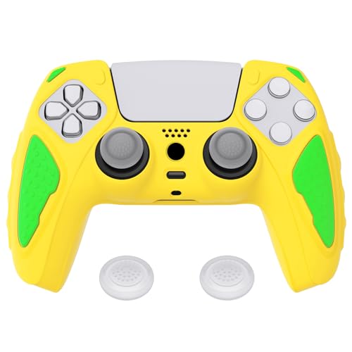 PlayVital Knight Edition Legend Yellow & Green Two Tone Anti-Slip Silicone Cover Skin for ps5 Controller, Soft Rubber Case for ps5 Wireless Controller with Thumb Grip Caps