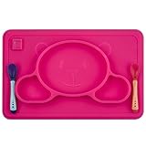 Toddler Placemat + 2 Spoons - No More Mess - BPA Free Silicone Plate Set - Improved Non-slip Suction - Baby Table Place Mat for Babies, Infants, Toddlers, Kids - Portable Travel Bowl Spoons Pink
