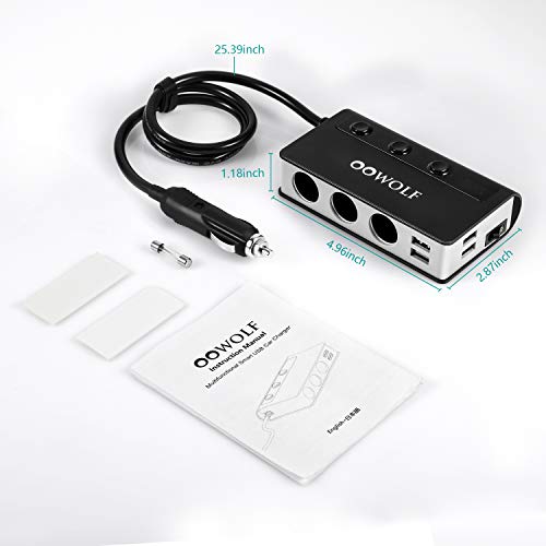 OOWOLF Cigarette Lighter Adapter Quick Charge 3.0 180W 12V/24V 3-Socket Splitter 4 USB Ports Car Power Adapter for GPS, Dash Cam, Sat Nav, Phone, iPad, Tablet, etc