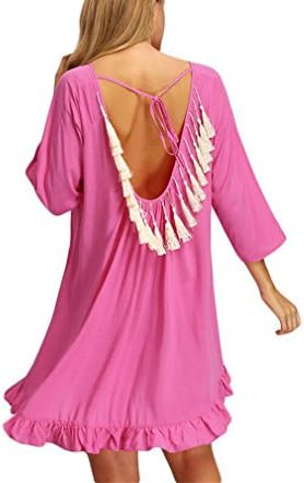 LM Women Tassel Backless 3/4 Sleeve Sexy A Line Party Cocktail Dress