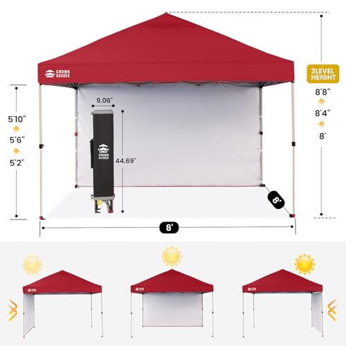 CROWN SHADES 8x8 Pop Up Canopy Tent with 1 Side Wall, Easy One-Button Setup, Portable Red Beach Shelter image 30