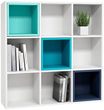 Mia Mobili Seba Square 9 Cube Storage Organizer/Bookshelf (White / Turquoise / Blue)