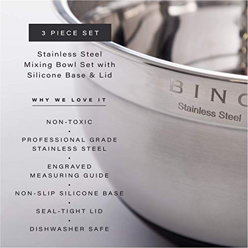 BINO 3Piece Stainless Steel Mixing Bowl Set with Lids, Black