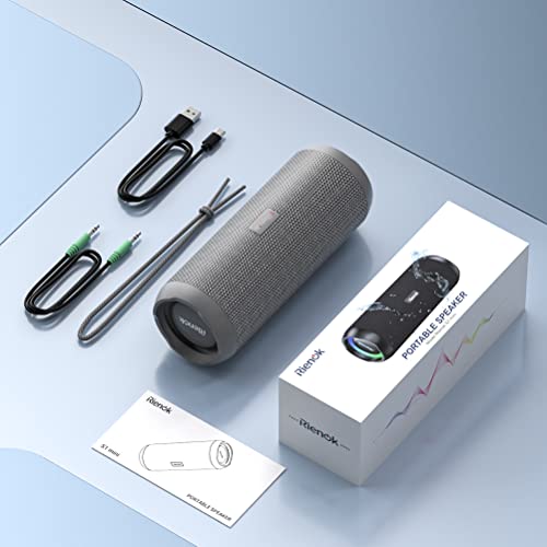 RIENOK Bluetooth Speaker 5.3 Portable Wireless Speaker IPX7 Waterproof Computer Speakers, Bass, Stereo Sound, Supports Micro SD AUX, Grey