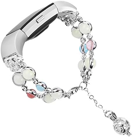 Tomazon Compatible Fitbit Charge 2 Bracelet Bands, Unique Luminous Night Pearl Metal Link Adjustable Accessory Wristband with Perfume Storage Pendant for Women Girl Female (Silver)