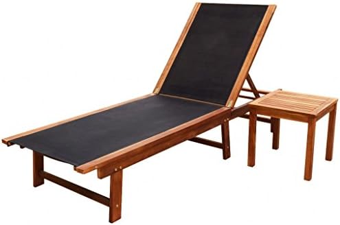 Nishore Sun Lounger with Table, Adjustable Backrest, Solid Acacia Wood and Textilene