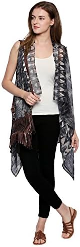 Ten on Ten Women's Polyester Long Waterfall Sleeveless Self Design Shrug