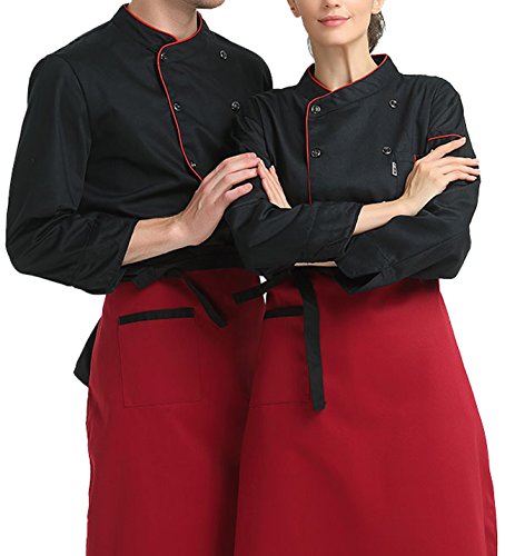 Seven Star Short Sleeve Chef's Jacket Kitchen Cook Coat Stripe Uniforms 3Colors(Black, Red, White) (Large, Black (Long Sleeve)) - Thumbnail 2