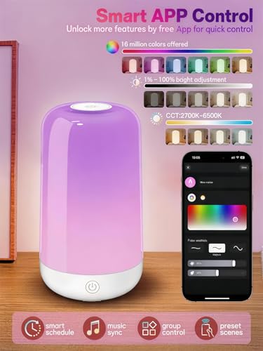 Smart Bedside Touch Table Lamp, App Control & Color Changing, Rechargeable Cordless LED Night Light, 3600mAh Battery, RGB Dimmable for Kids Bedroom, Nursery, Living Room, Desk, Ramadan Decor Gift