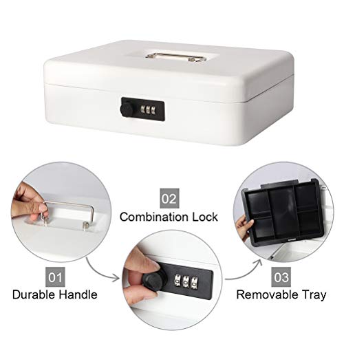 Safe Metal Cash Box with Money Tray & Combination Lock, Decaller Large Lock Storage Money Box with 5 Compartments Cash Tray, 11 4/5" x 9 2/5" x 3 1/2" (Large, White)
