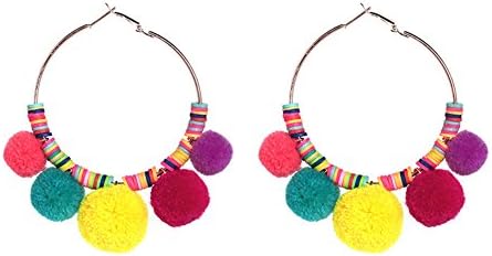 Pom Pom Dangle Earrings Drop Hoops Studs Thread Ball Earrings Colorful Circle Statement Earrings (Rainbow)