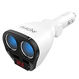 Peroine 2 Sockets 12V/24V Cigarette Lighter Splitter, 3.4A Dual USB Car Charger Adapter with Voltage Display (White)