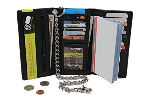 RFID Blocking Steel Chain Trifold Wallet 212 Biker,Trucker,Motorcycle Cow Leather Long Checkbook