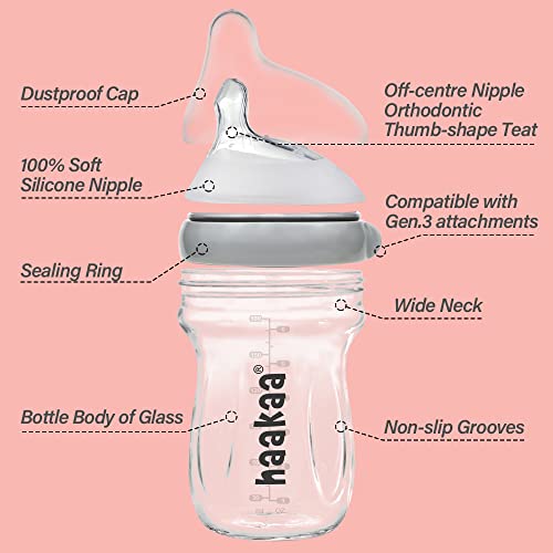 haakaa Natural Glass Baby Bottles for Baby Feeding, AntiColic, Wide