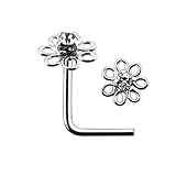 White Jeweled Filigree Flower Top 22 Gauge Silver L Shape - L Bend Nose Stud Nose Pin