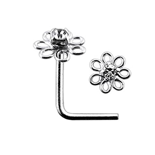 White Jeweled Filigree Flower Top 22 Gauge Silver L Shape - L Bend Nose Stud Nose Pin