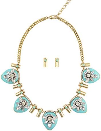 Unique 18" + 2" Extender Fashion Opaque Turquoise Resin with Clear &amp; Pastel Green Crystal Rhinestone Statement Bib Pendant Necklace &amp; Earring Set