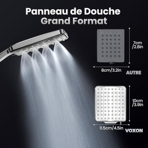 VOXON High Pressure Shower Head with 6 Modes, Square Water Saving Shower Head with One Hand Adjustment Knob and Silicone Anti-Clogging Nozzle, Chrome Plated Large Shower Head