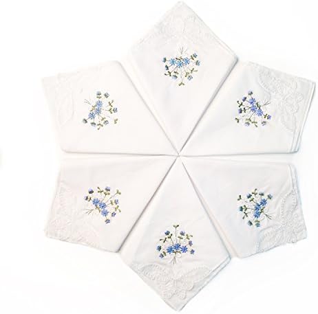 Ladies/Women's Cotton Handkerchief Flower Embroidered with Lace 6 Pack