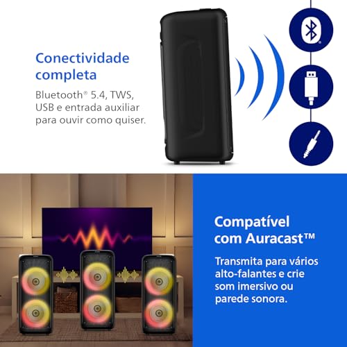 PHILIPS, Caixa de Som Bluetooth Party Speaker, TAX4000/78, com Luzes LED, entradas USB, Auxiliar, Microfone/Guitarra e Alça para Transporte