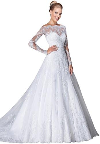 DZdress Women's Apliques Long Sleeve Boat Neck A-line Open Back Wedding Dresses