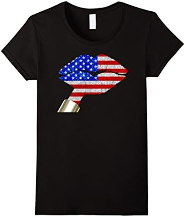 Womens Red White Blue flag lips kiss on sexy lipstick tee shirt XL Black