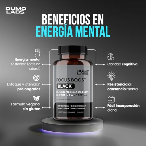 Dumo Focus Boost Black | Nootrópico Natural con Melena de León, Bacopa, Cafeína y Huperzina A | Energía Mental, Enfoque y Rendimiento Diario | 60 Cápsulas Veganas sin Gluten | 1 mes de consumo
