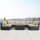 Modenzi 7G-U Outdoor Sectional Patio Furniture Espresso Brown Wicker Sofa Set (Light Beige)