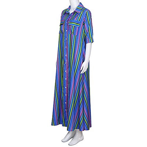 Women Multicolor Striped Buttons Lapel Half Sleeve Long Dress Casual Cocktail Club Party Robe Dresses Beach Sundress Blue - Thumbnail 3