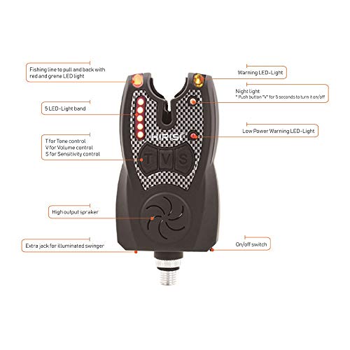 Hirisi Tackle Ensemble De Pêche à La Carpe Système D’alarme Sans Fil Avec Récepteur Et 1 + 4 bandes Lumineuses Led
