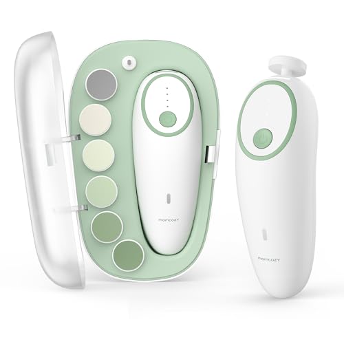 Momcozy Baby Nail File Electric, Gentle Baby Nail Trimmer Electric, Baby Nail Clipper with Night Light, 7 Grinding Head Replacement Pads, Green