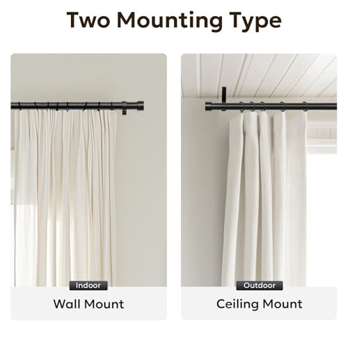 Zeerobee Curtain Rods for Windows 32 to 72, 1 Inch Black Heavy Duty Drapery Rods with Adjustable Length, Outdoor Modern Curtain Pole with Simple End Caps, 32"-72", Black