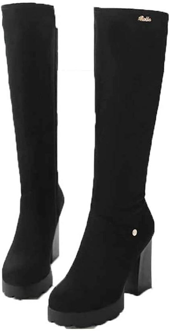 Women Winter Knee High Boots Solid Color Round Toe Platform Warm Shoes