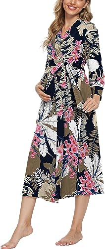 XPENYO WOMEN’S MATERNITY SLEEPWEAR ROBES LONG BATHROBE PREGNANCY LOUNGEWEAR LABOR/DELIVERY/NURSING/HOSPITAL NIGHTGOWN, BIG LEAF PINK FLORAL S