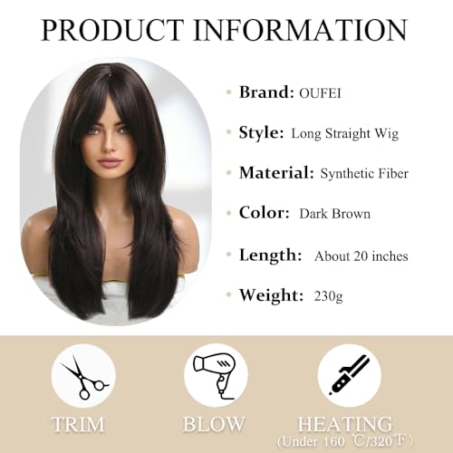 OUFEI 20 Inches Long Straight Dark Brown Gradient Synthetic Hair Wigs with Fringe for Women Daily Use for Party