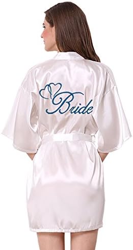 JOYTTON Women's Satin Kinono Robe with Embroidered Bride Short