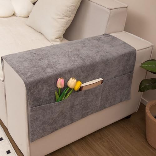 JIAHG Luxurious Chenille Sofa Armrest Organizer with 3 Side Pockets Universal Couch Armchair Caddy Storage Bag Armrest Cover Tidy Table Space Saver for TV Remote Control Magazines Glasses (Deep Grey)