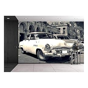 Panoramic View of Shabby Old Havana Street with Vintage Classic American Cars - Removable Wall Mural | Self-Adhesive Large Wallpaper - 66x96 inches
