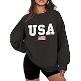 Dressmine Womens Oversized USA Sweatshirt Fleece Long Sleeve Pullover American Flag Crewneck Sweater Graphic Hoodies